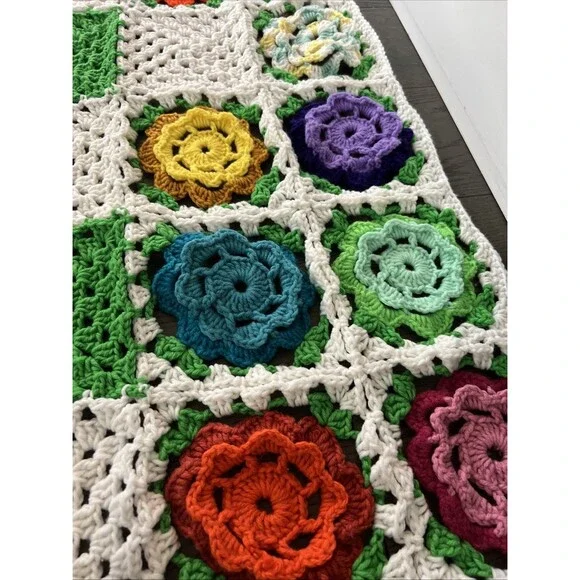 Handcrafted Colorful Granny Square Crochet Afghan Grandma Flower Roseanne Chic - Picture 4 of 5